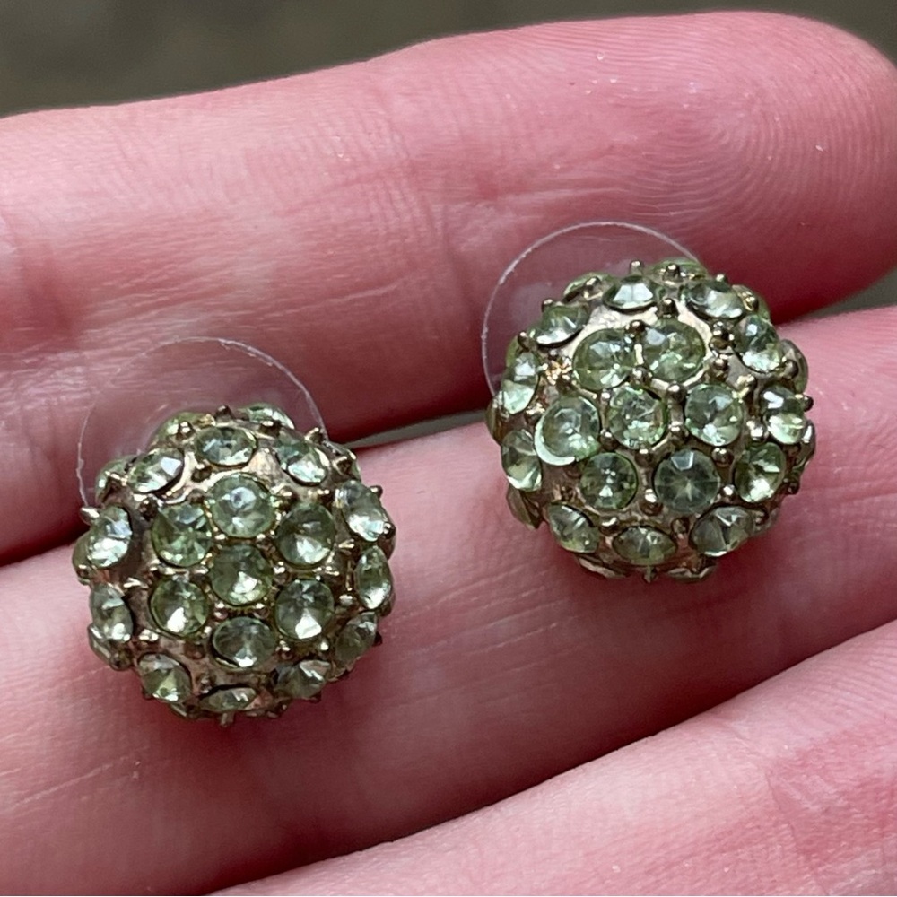 Earrings Light Green Crystal Gold Tone Metal Dome Pavé Pastel Party Wedding